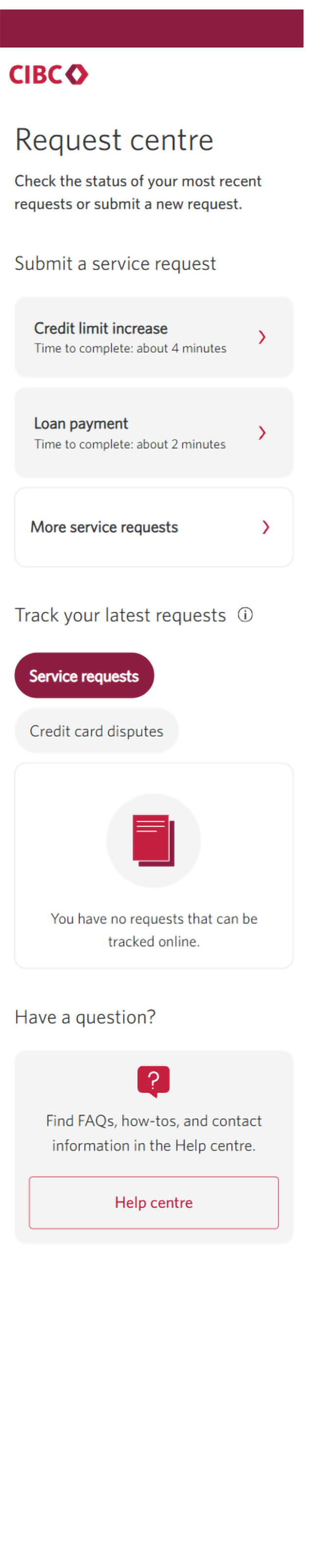 Demo screen 4: CIBC Online Banking request centre page. A pulsing animation highlights the "More service requests" button.