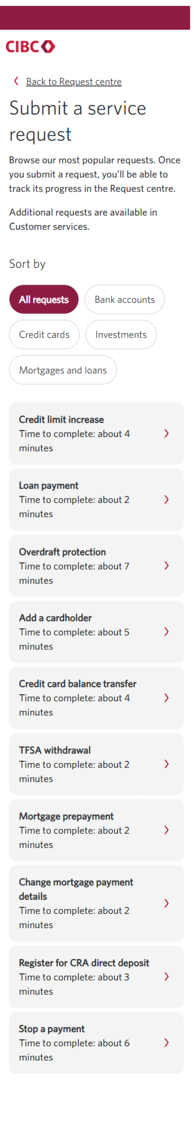 Demo screen 5: CIBC Online Banking Request Centre actions list. A pulsing animation highlights the "Mortgage prepayment" button. 