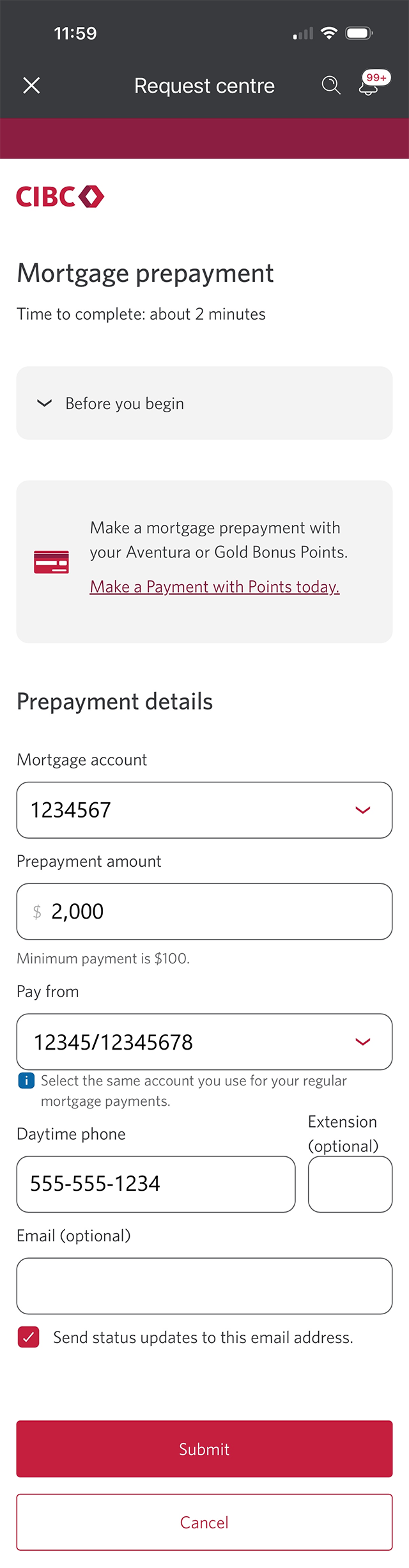 Demo screen 7: CIBC Online Banking Request Centre payment details form. A pulsing animation highlights the "Submit" button.
