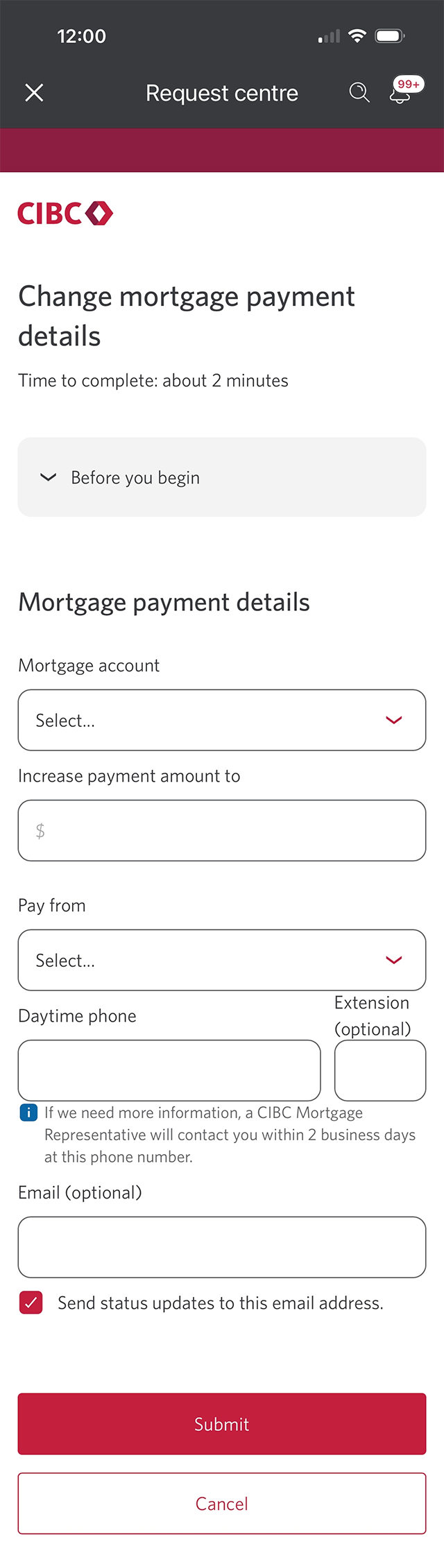 Demo screen 10: CIBC Online Banking Request Centre payment details form. A pulsing animation highlights the "Mortgage account" combo box. 