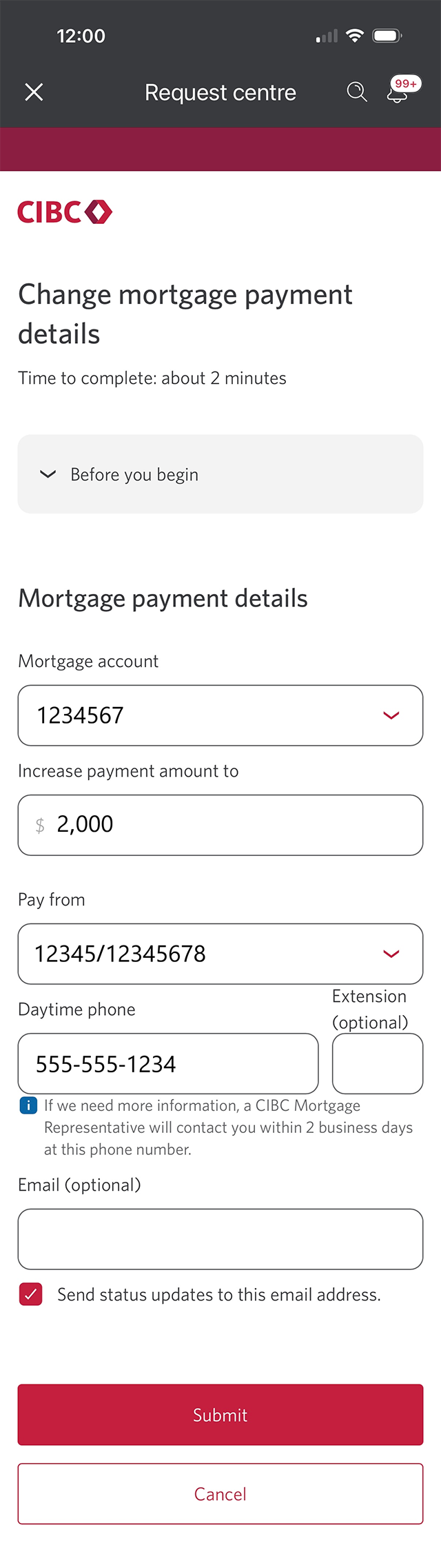 Demo screen 11: CIBC Online Banking Request Centre payment details form. A pulsing animation highlights the "Submit" button.