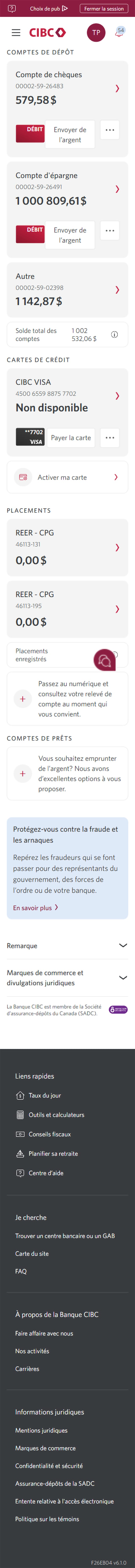 Écran 2 de la démonstration : Page d’accueil de Services bancaires CIBC en direct. Une animation dynamique met en évidence le menu Plus d’options.