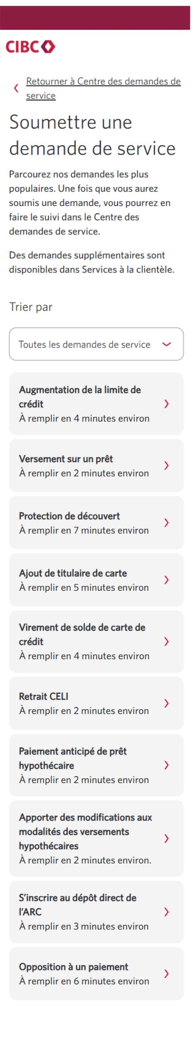 Écran 5 de la démonstration : Liste des mesures à prendre par le Centre de demandes de service de Services bancaires CIBC en direct. Une animation dynamique met en évidence le bouton de paiement anticipé de prêt hypothécaire.