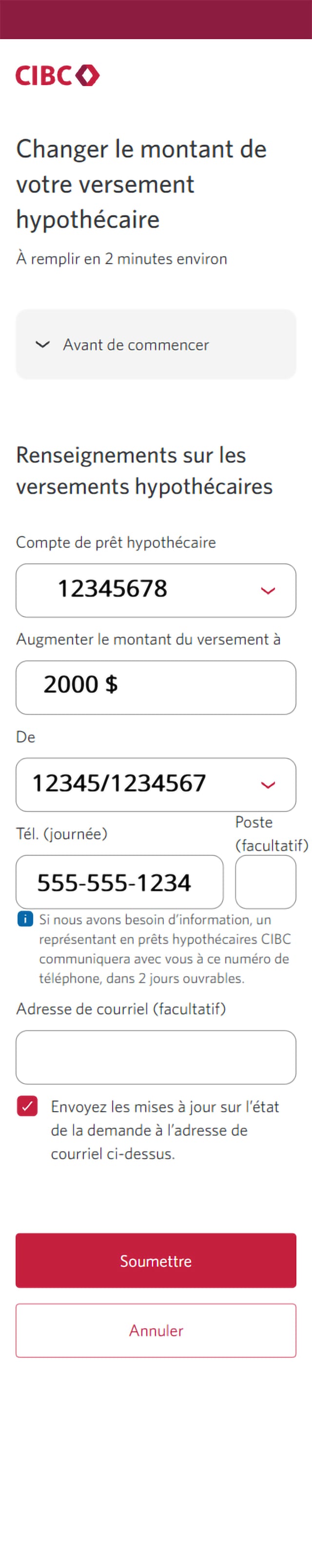 Écran 7 de la démonstration : Formulaire de renseignements sur les versements du Centre de demandes de service de Services bancaires CIBC en direct. Une animation dynamique met en évidence le bouton Soumettre.