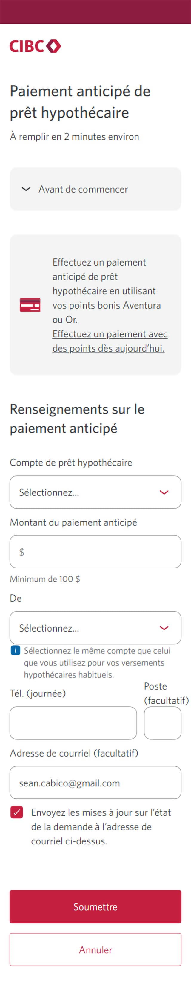 Écran 10 de la démonstration : Formulaire de renseignements sur les versements du Centre de demandes de service de Services bancaires CIBC en direct. Une animation dynamique met en évidence la zone de liste déroulante du compte de versement hypothécaire.