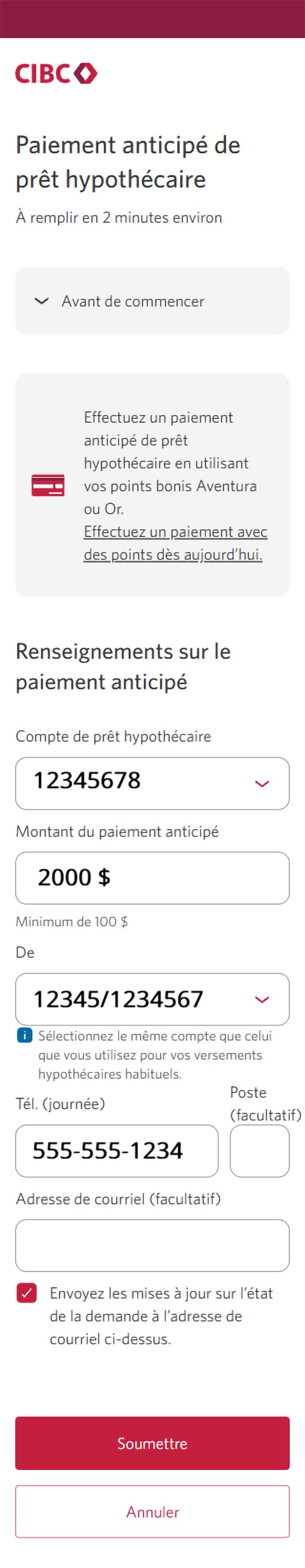 Écran 11 de la démonstration : Formulaire de renseignements sur les versements du Centre de demandes de service de Services bancaires CIBC en direct. Une animation dynamique met en évidence le bouton Soumettre.