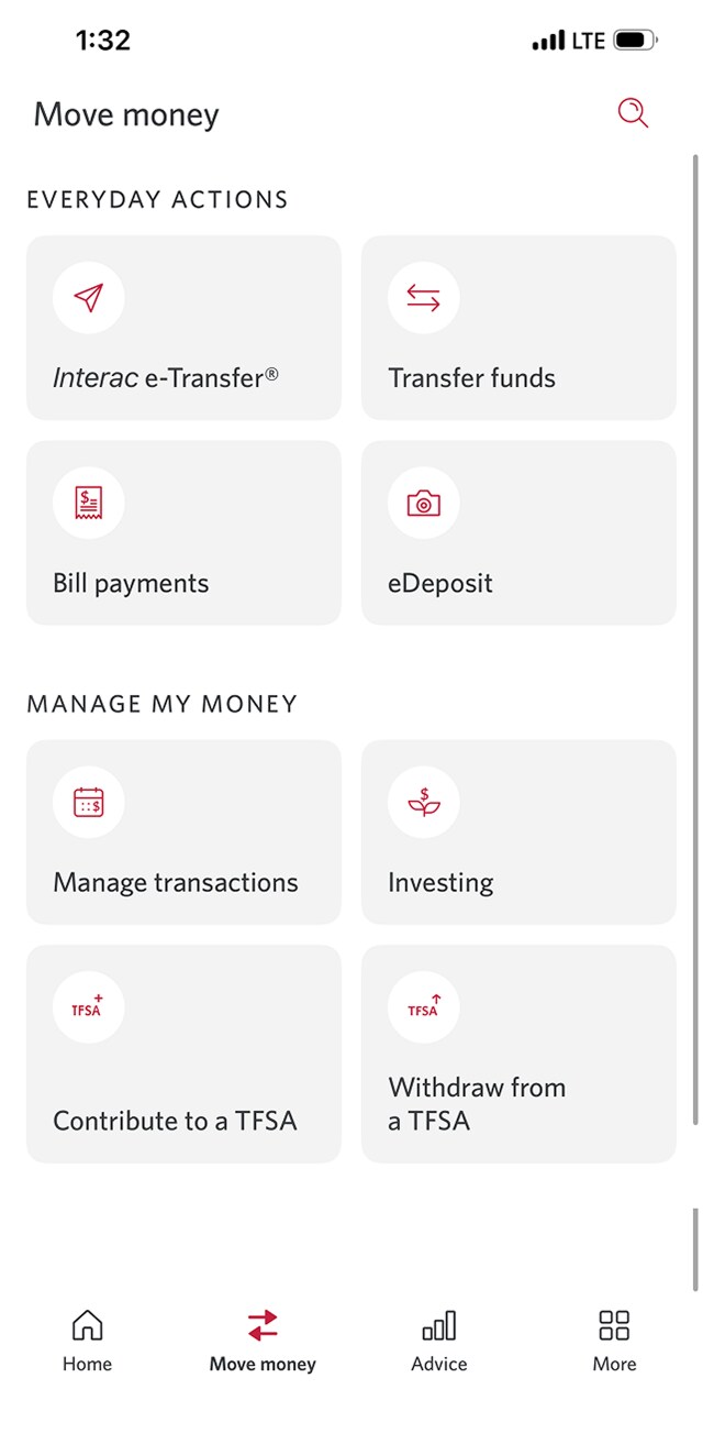 Demo screen 3: CIBC Mobile Banking App everyday banking menu. A pulsing animation highlights the "eDeposit" button.