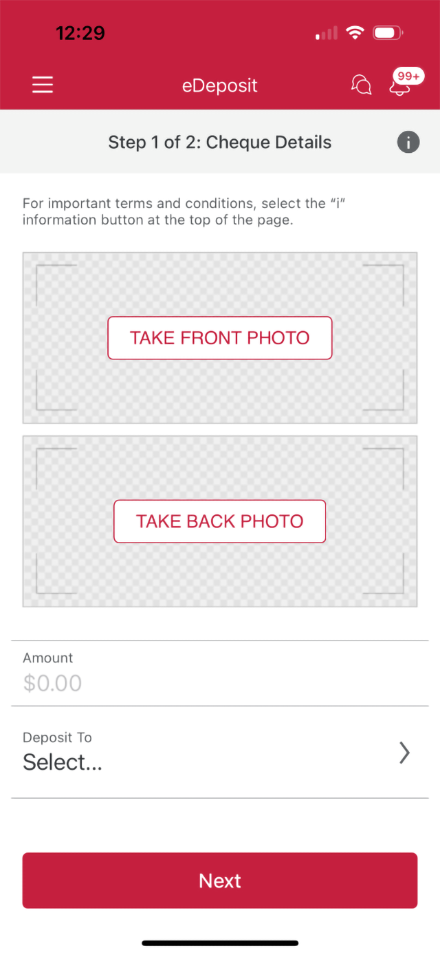 Demo screen 4: CIBC Mobile Banking App cheque details page. A pulsing animation highlights "take front photo" button.