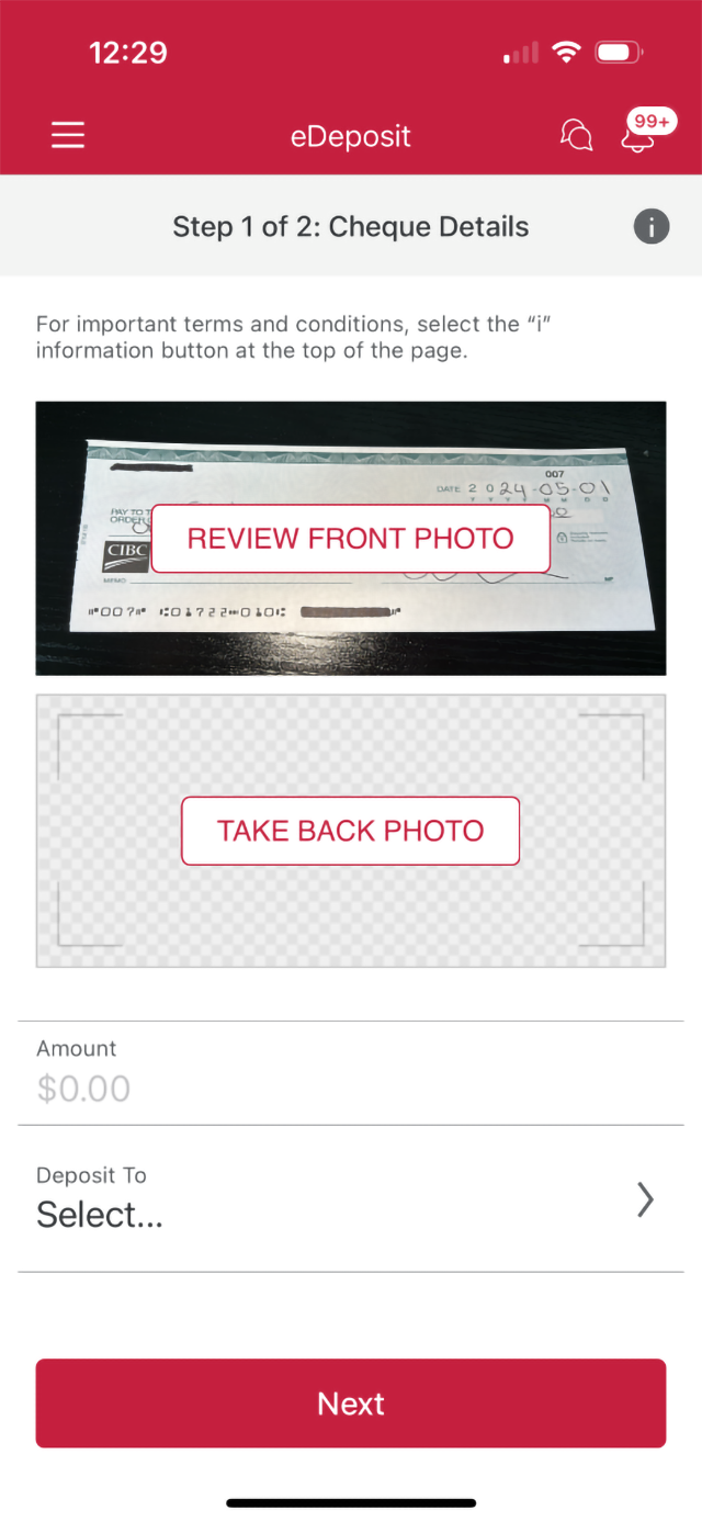 Demo screen 5: CIBC Mobile Banking App cheque details page. A pulsing animation highlights "take back photo" button.