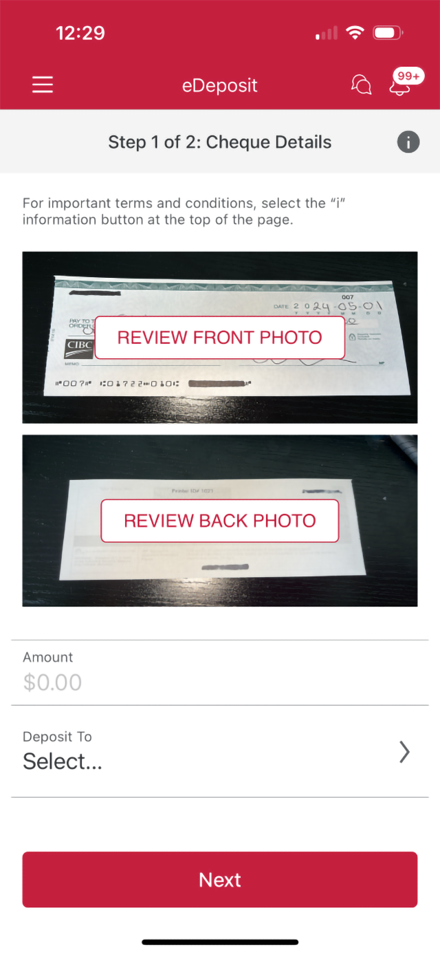 Demo screen 6: CIBC Mobile Banking App cheque details page. A pulsing animation highlights "Amount" field.