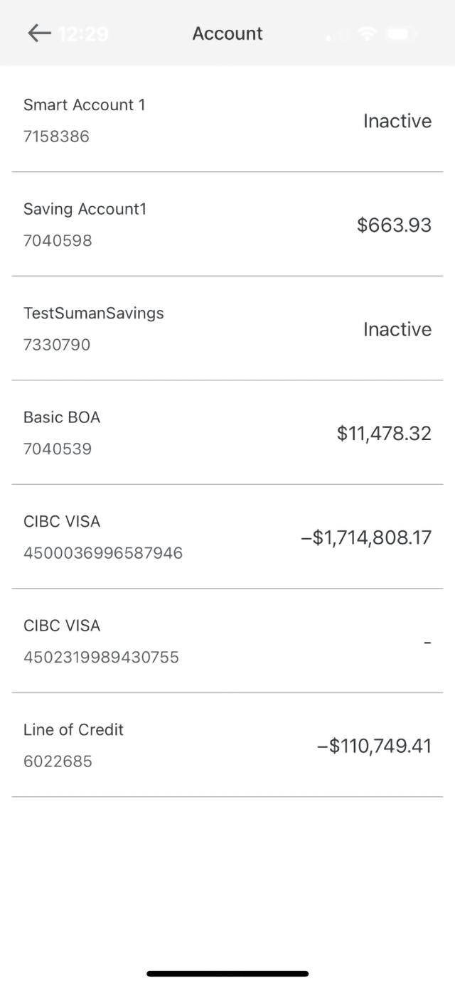 Demo screen 8: CIBC Mobile Banking App account list. A pulsing animation highlights "Savings Account" button.
