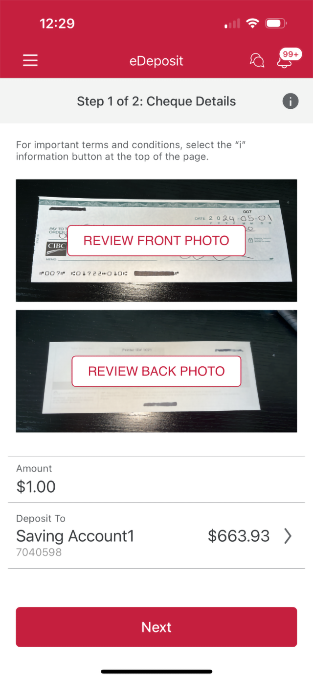 Demo screen 9: CIBC Mobile Banking App cheque details page. A pulsing animation highlights "Next" button.