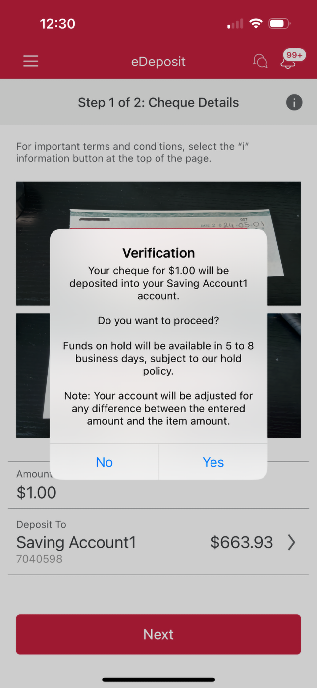 Demo screen 10: CIBC Mobile Banking App eDeposit verification page. A pulsing animation highlights "Yes" button.