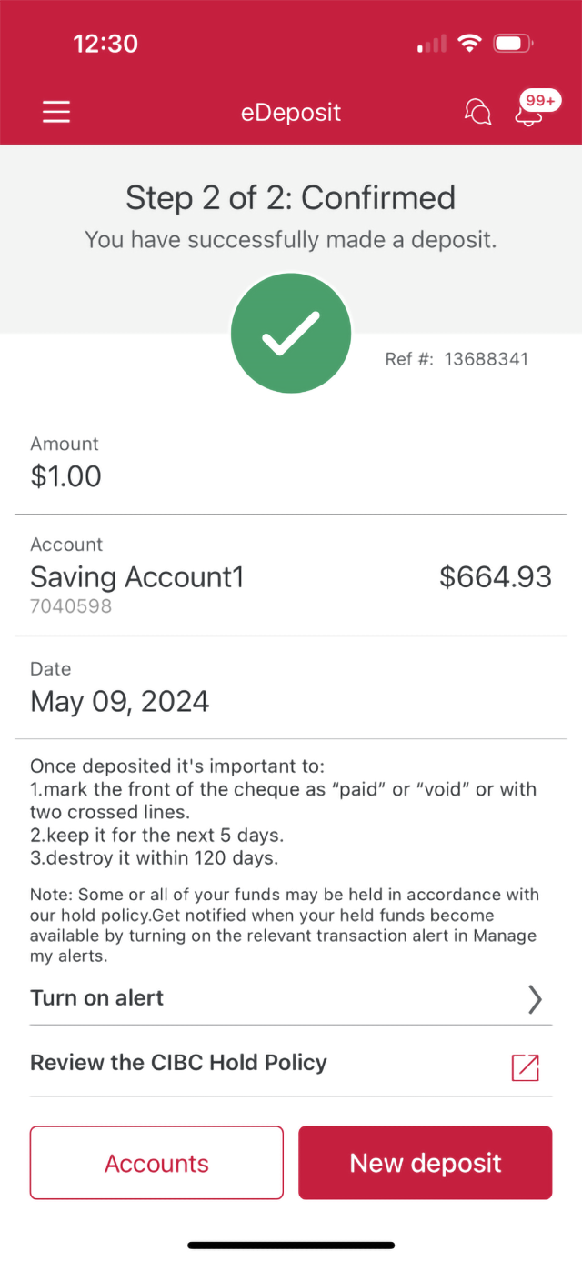 Demo screen 11: CIBC Mobile Banking App eDeposit confirmation page. No pulsing animation.