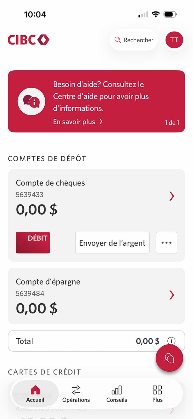 Écran 2 de la démonstration : Page d’accueil de l’application Services bancaires mobiles CIBC. Une animation dynamique met en évidence l’onglet Opérations.