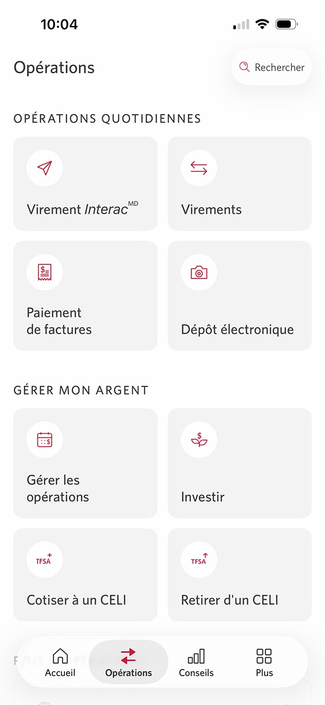 Écran 3 de la démonstration : Menu Services bancaires courants de l’application Services bancaires mobiles CIBC. Une animation dynamique met en évidence le bouton Dépôt électronique.