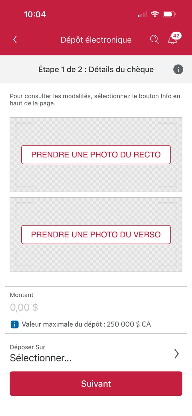 Écran 4 de la démonstration : Page des renseignements sur le chèque de l’application Services bancaires mobiles CIBC. Une animation dynamique met en évidence le bouton Prendre une photo du recto.