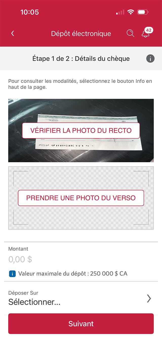Écran 5 de la démonstration : Page des renseignements sur le chèque de l’application Services bancaires mobiles CIBC. Une animation dynamique met en évidence le bouton Prendre une photo du verso.