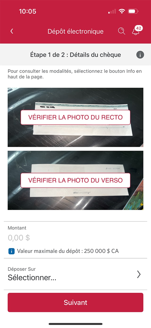 Écran 6 de la démonstration : Page des renseignements sur le chèque de l’application Services bancaires mobiles CIBC. Une animation dynamique met en évidence le champ Montant.