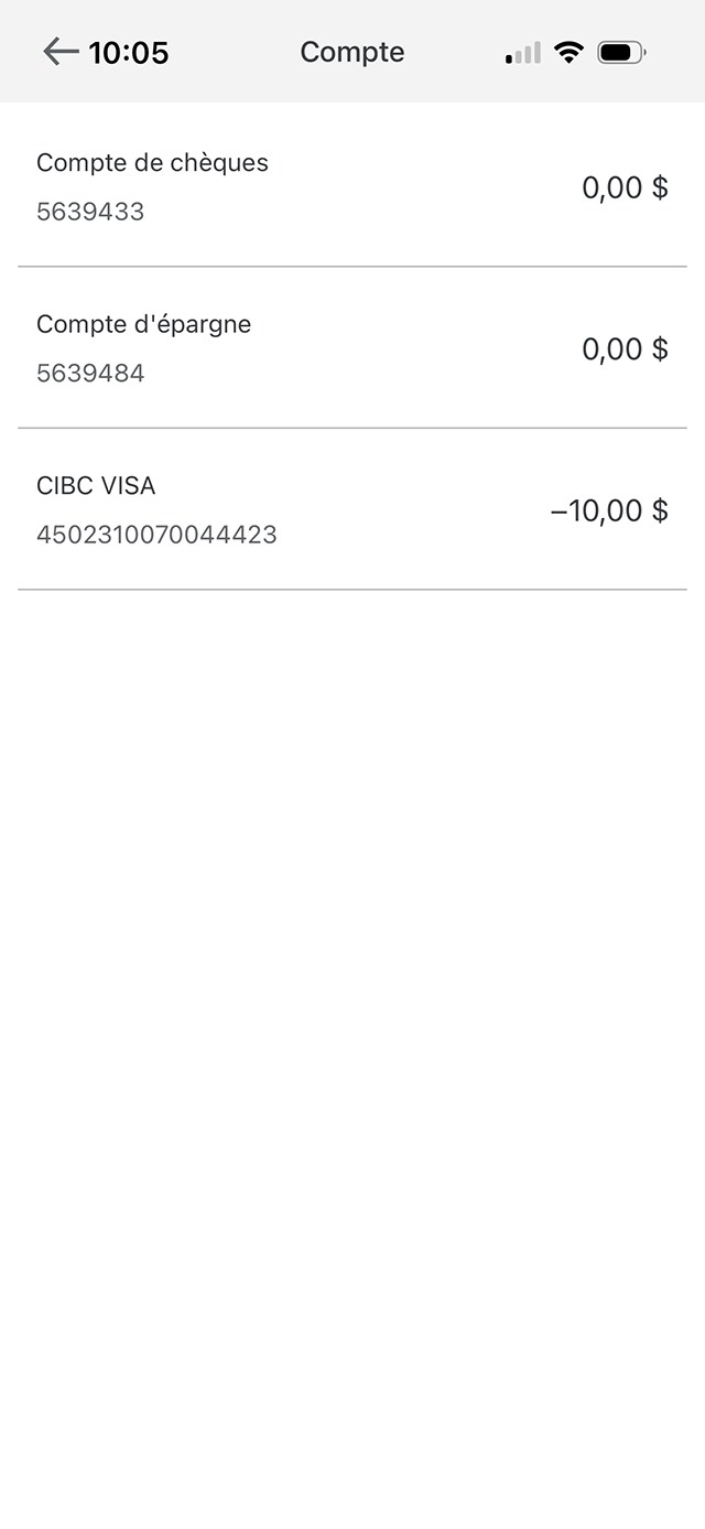 Écran 8 de la démonstration : Liste des comptes de l’application Services bancaires mobiles CIBC. Une animation dynamique met en évidence le bouton Compte d’épargne.