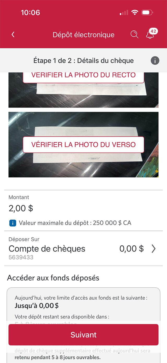 Écran 9 de la démonstration : Page des renseignements sur le chèque de l’application Services bancaires mobiles CIBC. Une animation dynamique met en évidence le bouton Suivant.