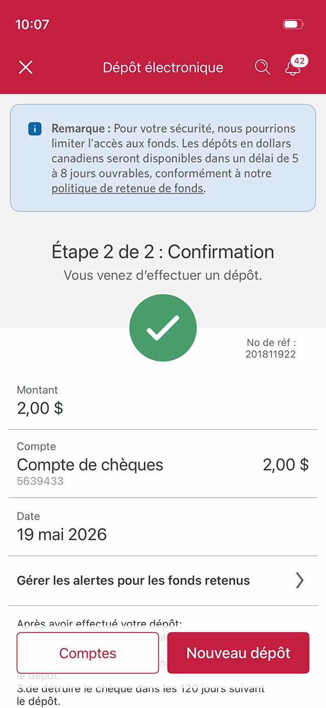 Écran 11 de la démonstration : Page de confirmation du Dépôt électronique de l’application Services bancaires mobiles CIBC. Aucune animation dynamique.