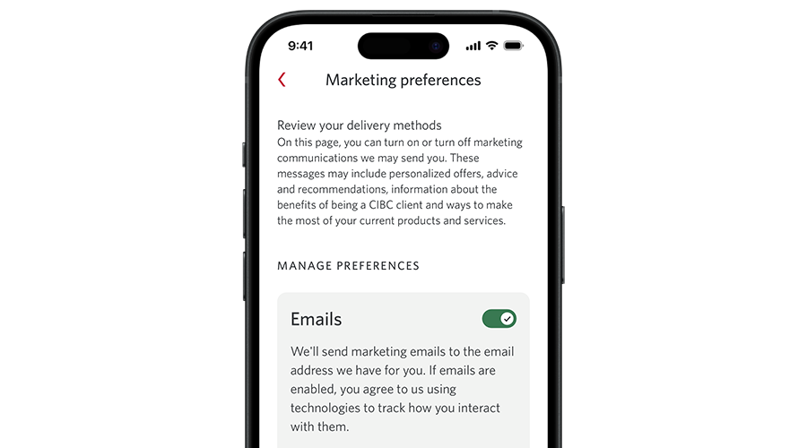 Phone screen displaying “Marketing preferences” page with the option to turn on or turn off various marketing communication delivery methods including email and text.