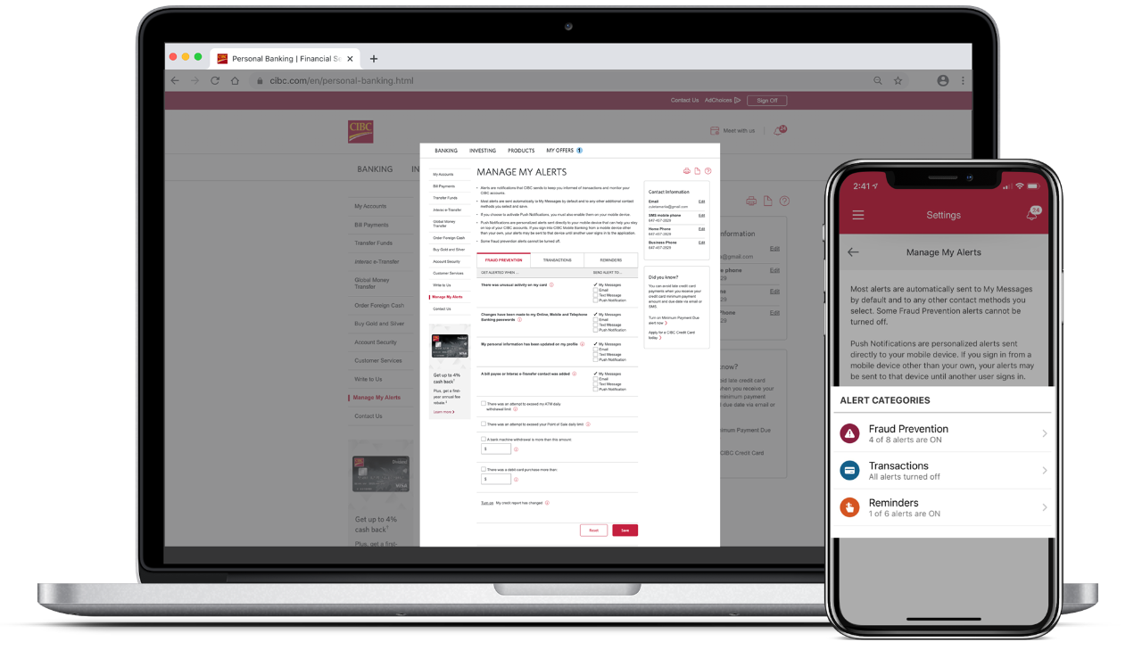 Laptop showing how to set up CIBC alerts on your computer.