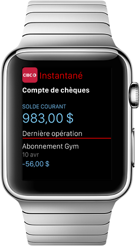 Une capture d'écran affiche le solde actuel et la dernière opération sur une Apple Watch