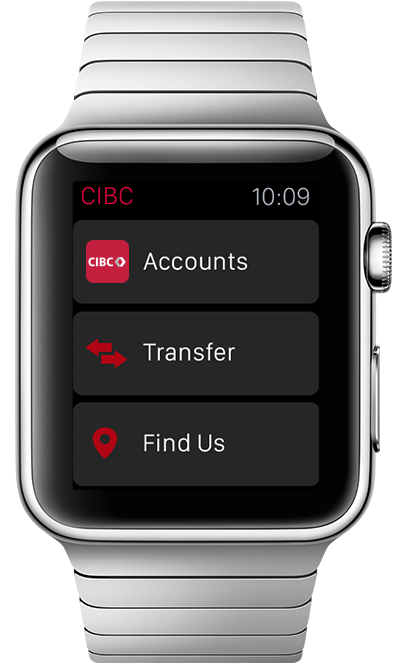 Apple Watch screen shows the time and quick links to accounts, transfer and find us