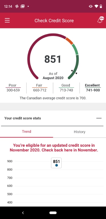 Credit score screen on the CIBC app