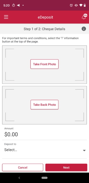 Cheque eDeposit screen on the CIBC app