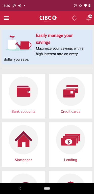 Accounts screen on the CIBC app