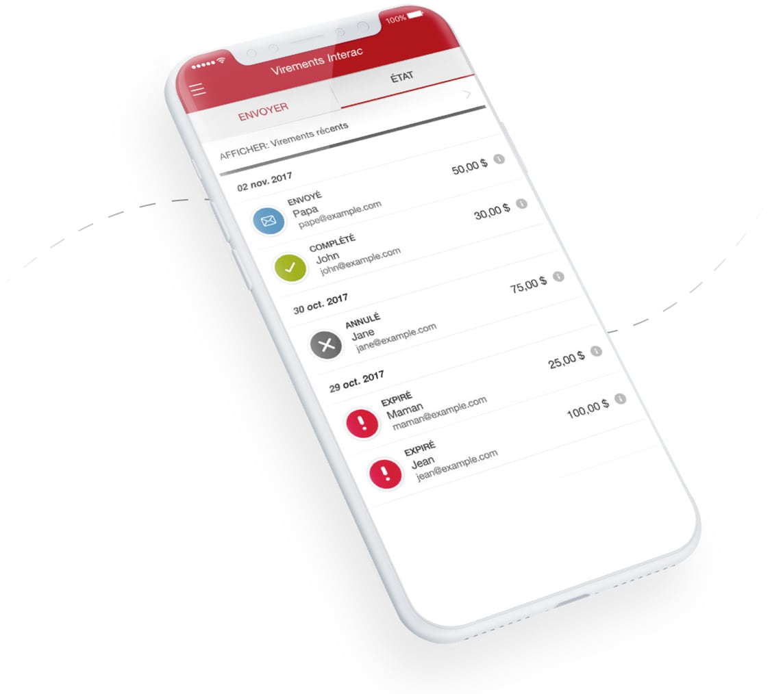 Capture d'écran de Virement électronique Interac sur l'application CIBC