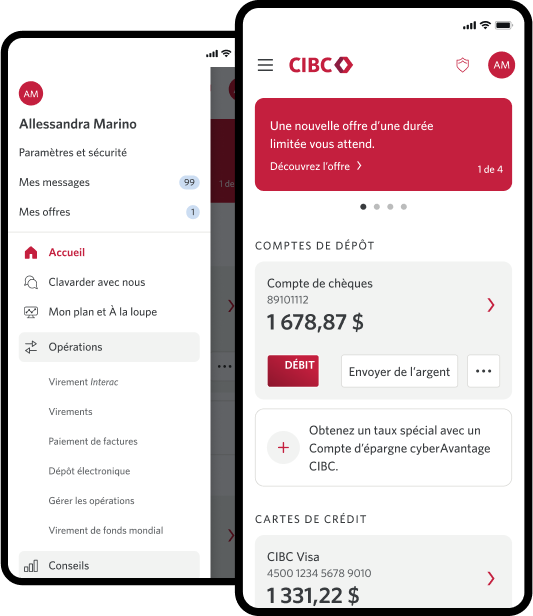 Un téléphone intelligent affiche le solde de différents comptes bancaires CIBC.