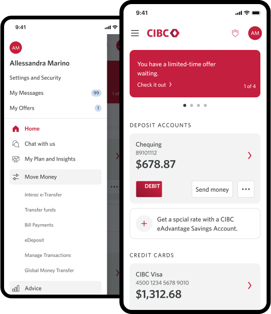 Smartphone with CIBC account details displaying