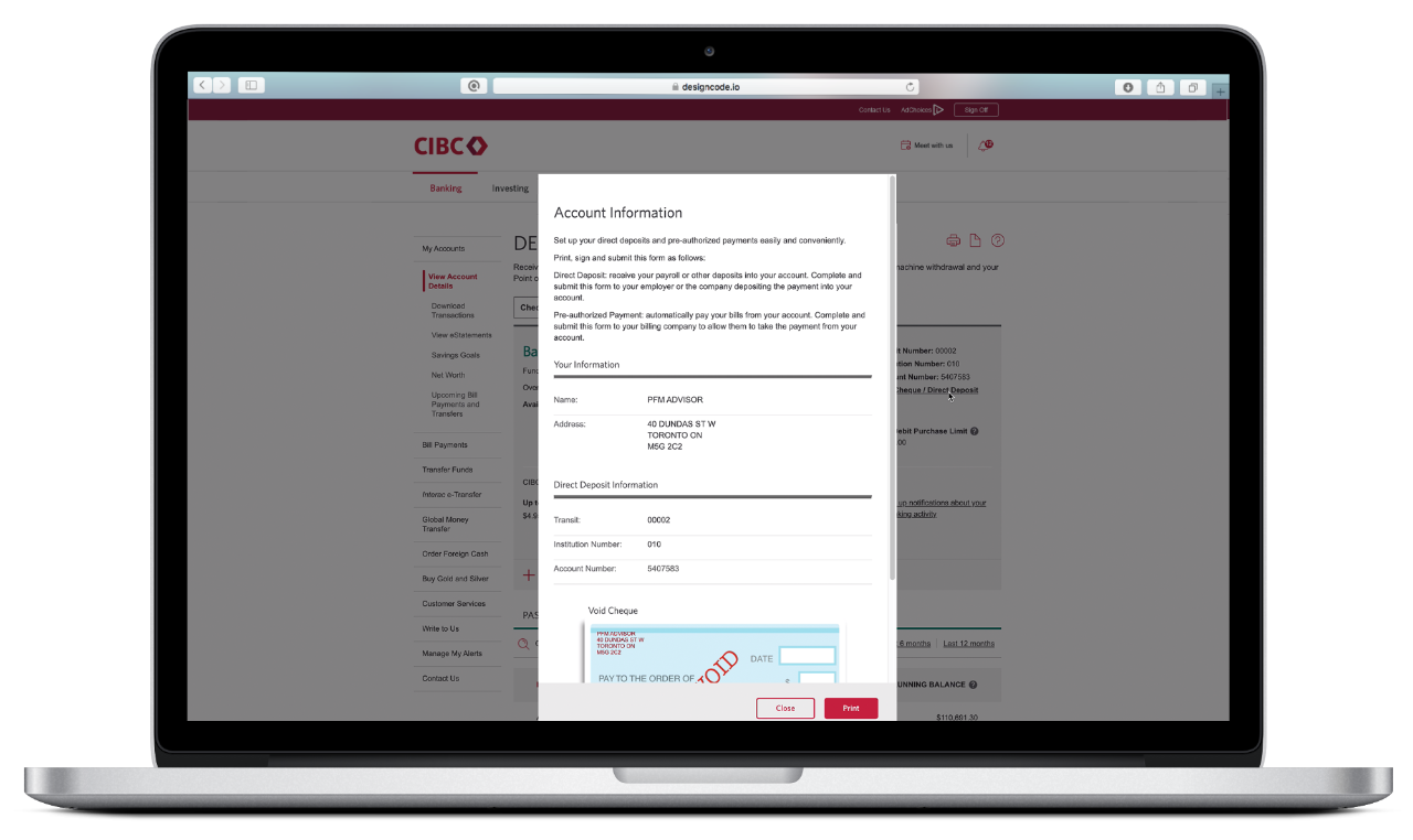 Computer screen showing how to set up direct deposits in CIBC Online Banking.