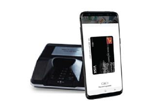 Samsung phone hovering over card reader