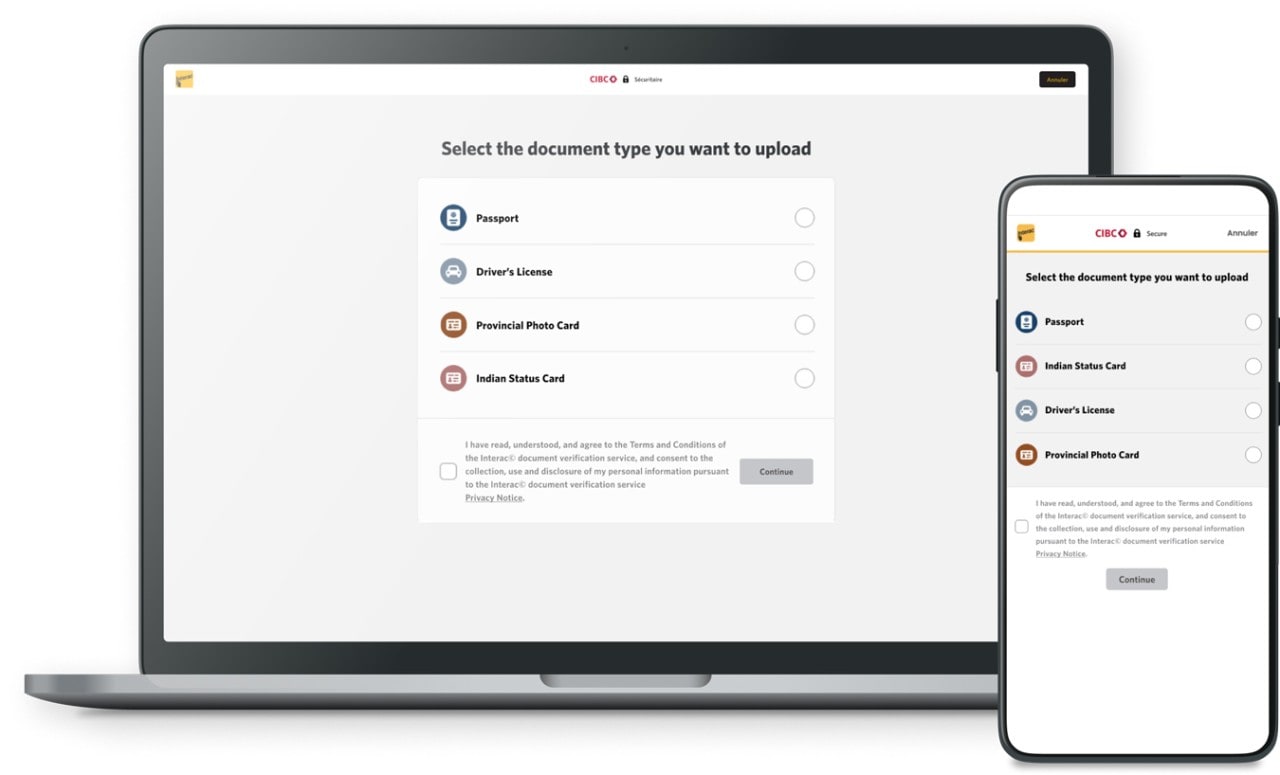 Interac document verification service app on a smartphone and laptop screen.