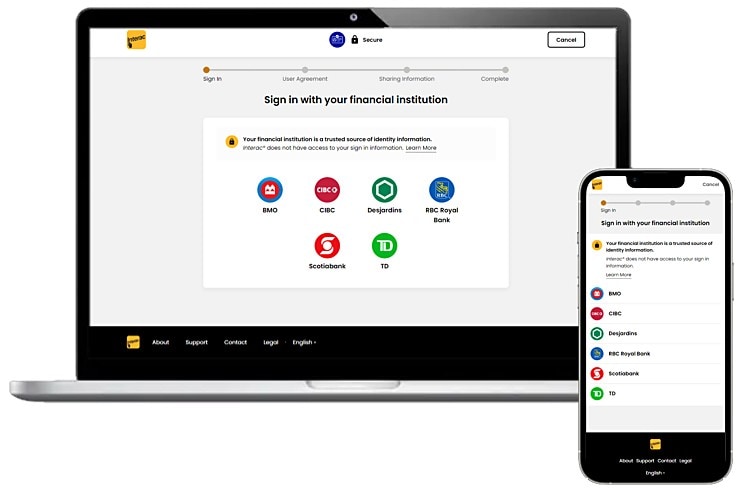 Interac verification service app on a smartphone and laptop screen.