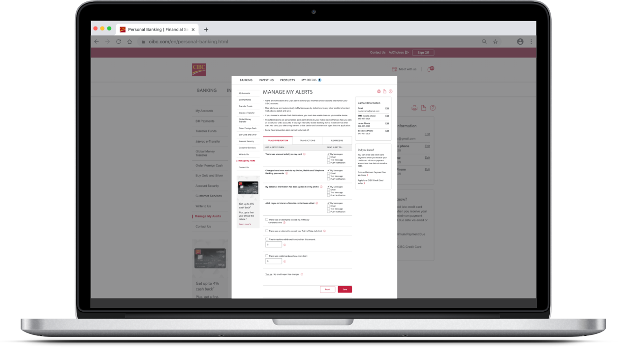 Laptop showing how to set up CIBC alerts on your computer.
