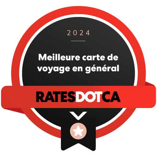 Logo du prix Rates.ca 2024 de la meilleure carte de voyage en général.