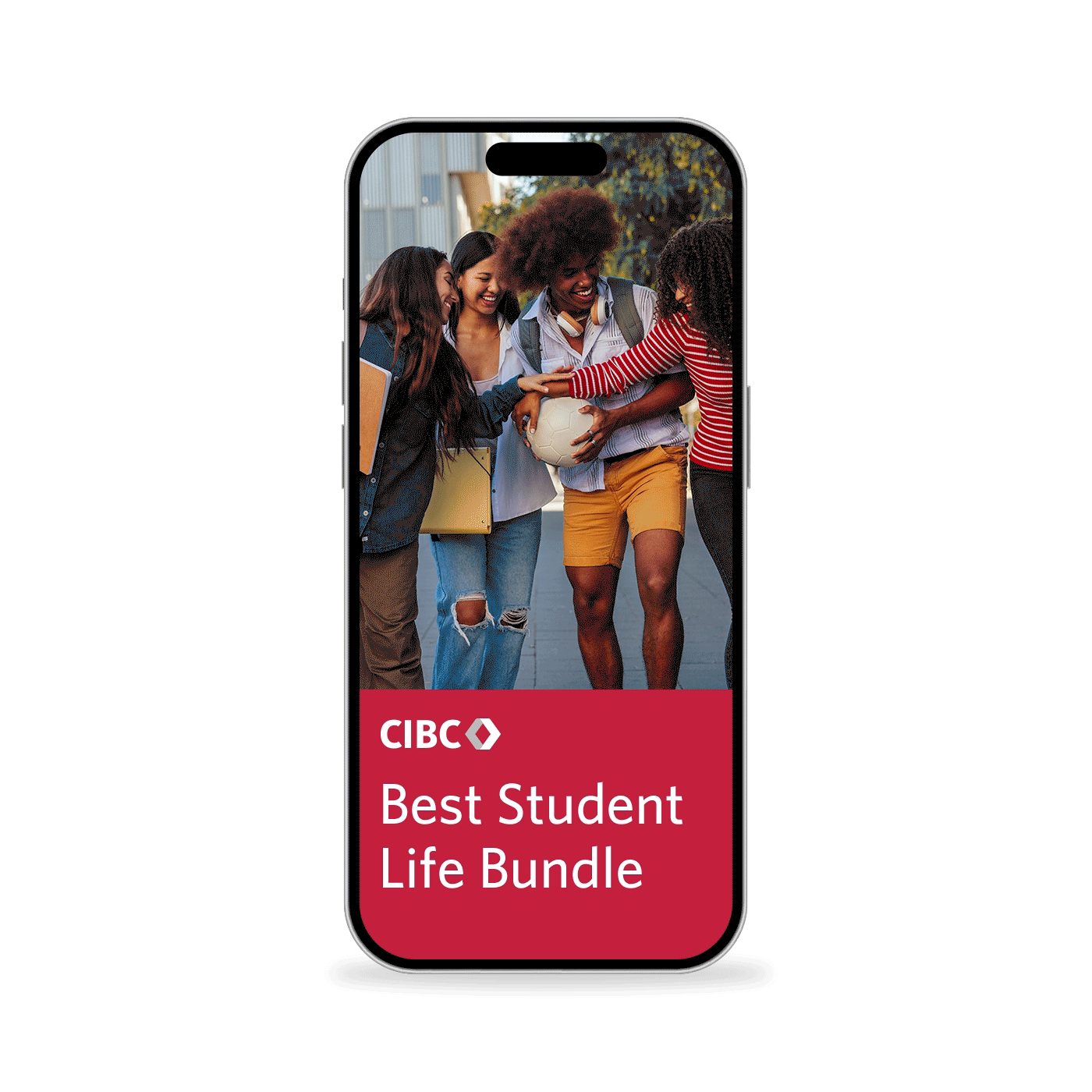 Mobile phone screen with a stack of four cards. Cards include the Skip+ card, SPC+ card, CIBC Dividend Cash Back Visa Credit Card, and CIBC Advantage Debit Card.