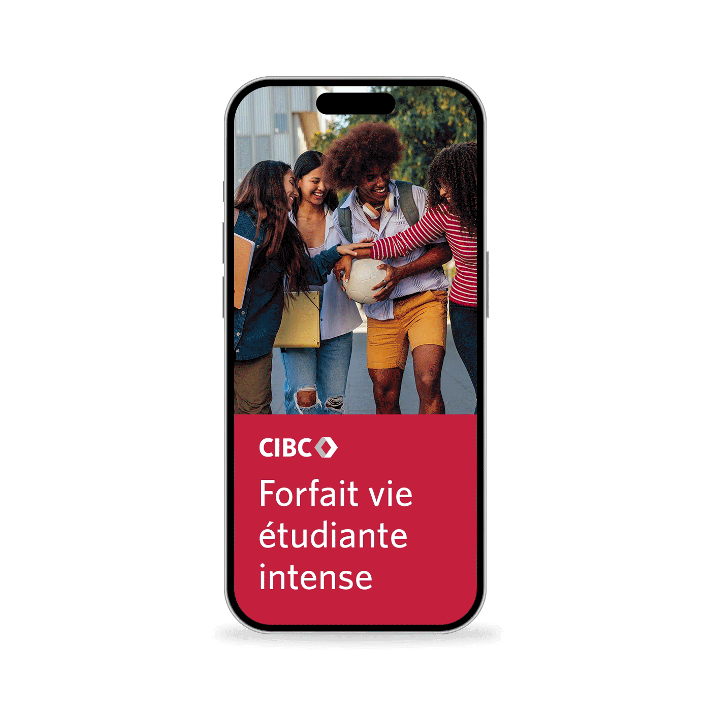 Écran d’appareil mobile affichant quatre cartes qui se chevauchent, soit une carte de débit Avantage CIBC, une carte de crédit avec remise en argent Dividendes CIBC Visa, une carte SPC+ et une carte Skip+.