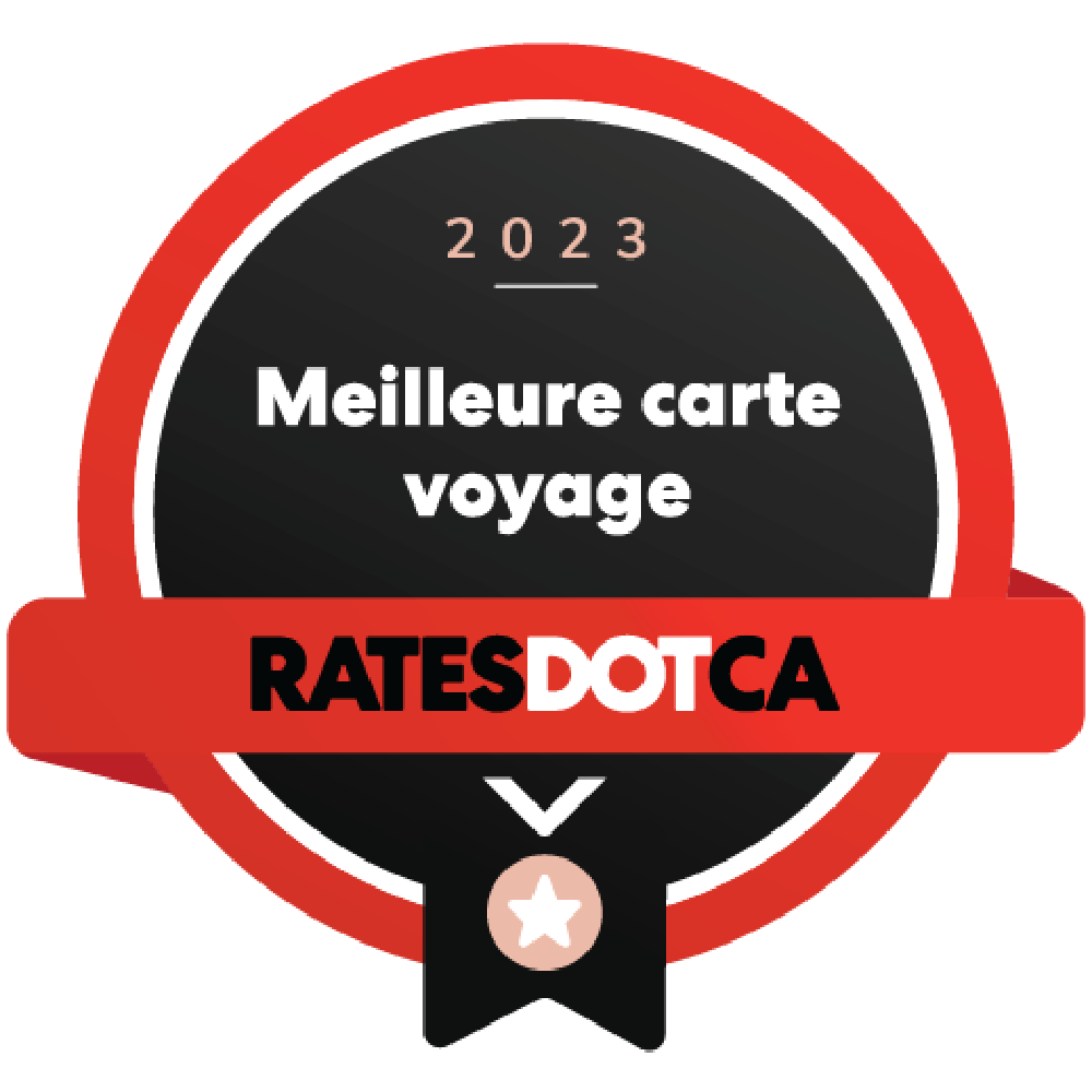 Logo du prix Rates.ca de la meilleure carte voyage en 2023.