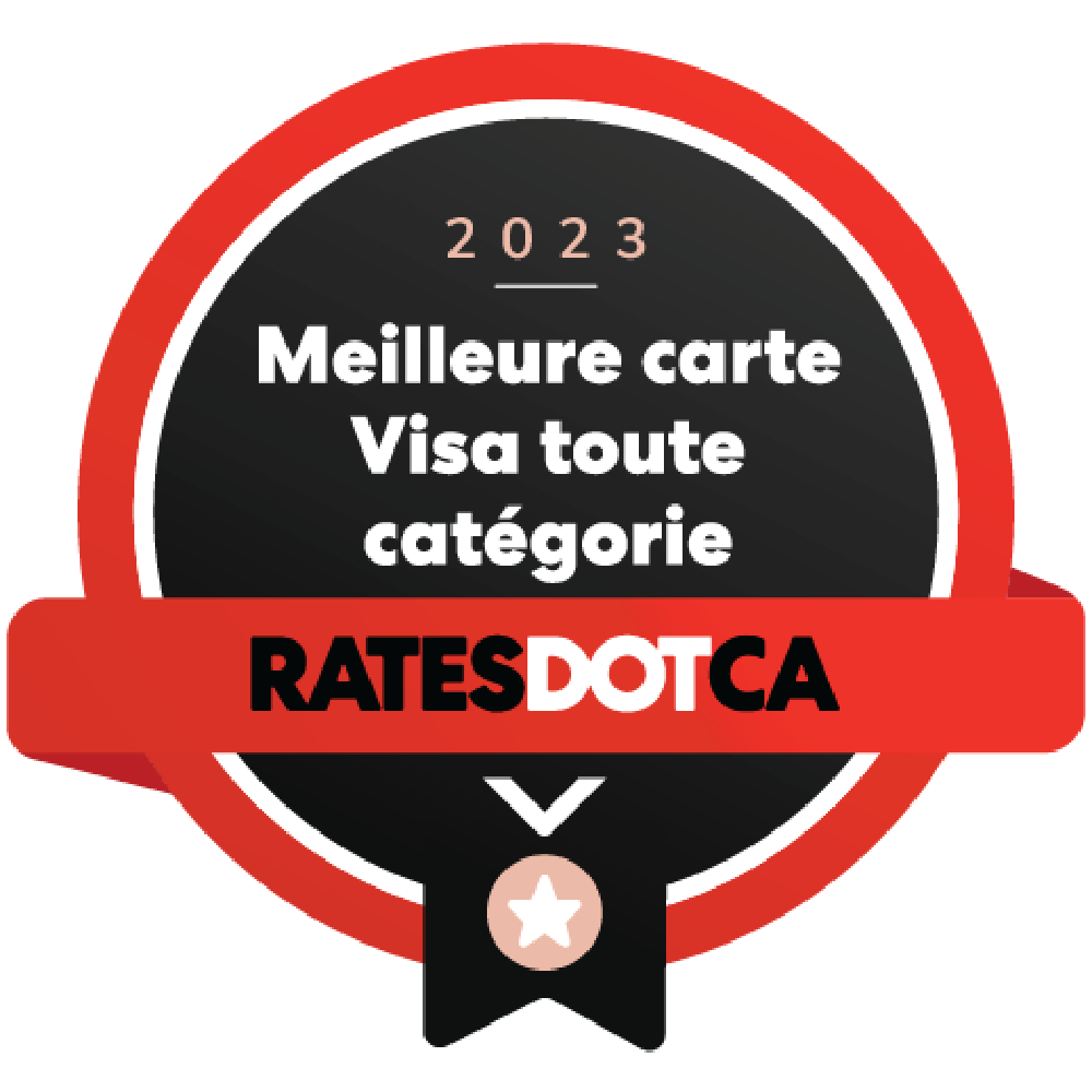 Logo du prix Rates.ca de la meilleure carte Visa toute catégorie en 2023.