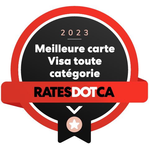 Logo du prix Rates.ca de la meilleure carte Visa toute catégorie en 2023.