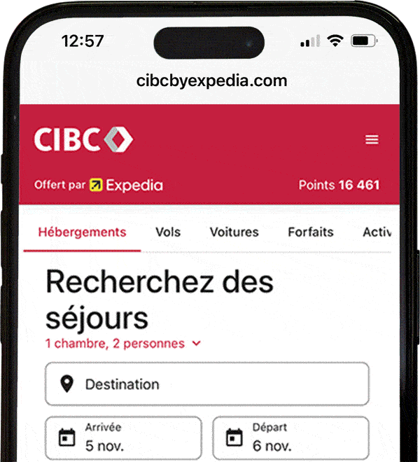 Un écran de téléphone mobile sur lequel on voit le portail CIBC par Expedia.