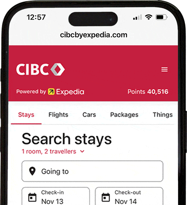 Mobile phone showing the CIBC by Expedia portal.