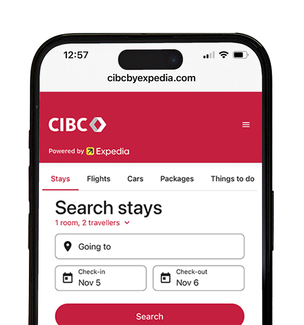 Mobile phone showing the CIBC by Expedia portal.